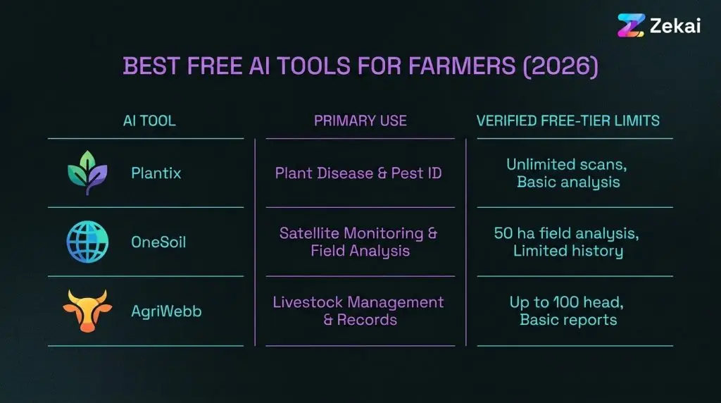 Best Free AI Tools for Farmers in 2026: What Actually Works 1 A farmer using the Plantix app to diagnose a diseased corn leaf. The app's screen shows an AI-generated diagnosis for Northern Corn Leaf Blight.