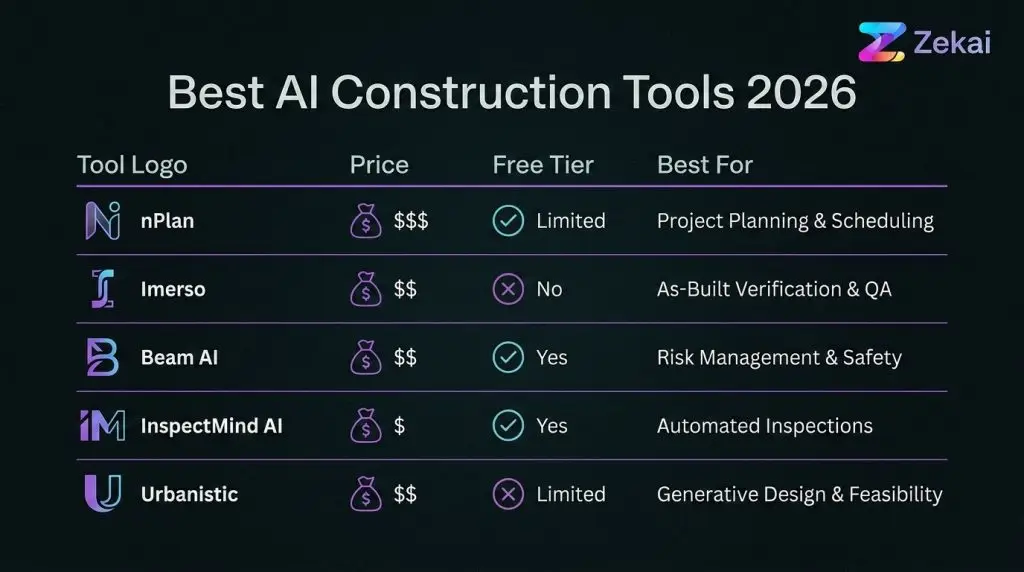 Diagrama de flujo de trabajo que muestra cómo un escaneo 3D de obra es analizado por herramientas de IA como Imerso e InspectMind para generar automáticamente informes de desviación y de campo.