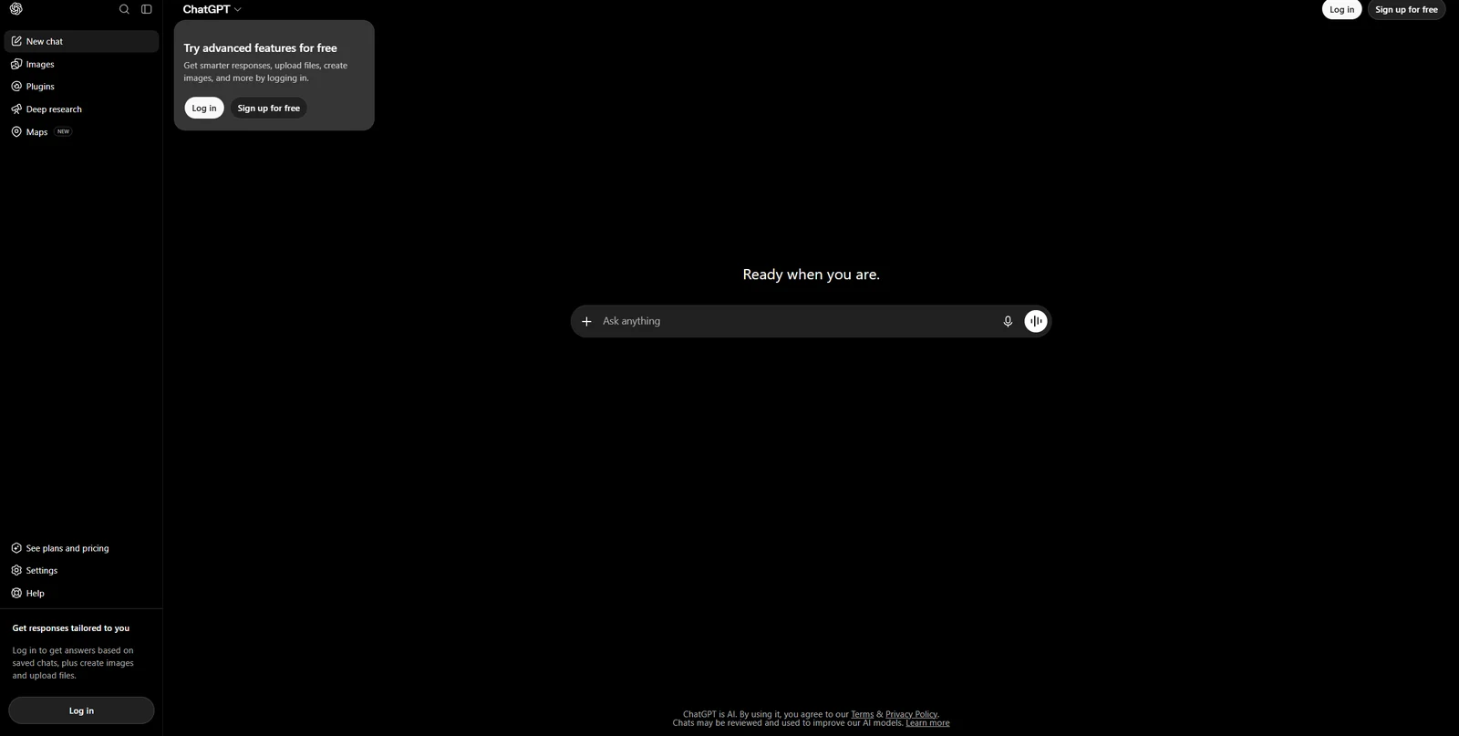 A tela do ChatGPT mostrando um painel que oferece Fazer login e Cadastre-se gratuitamente.