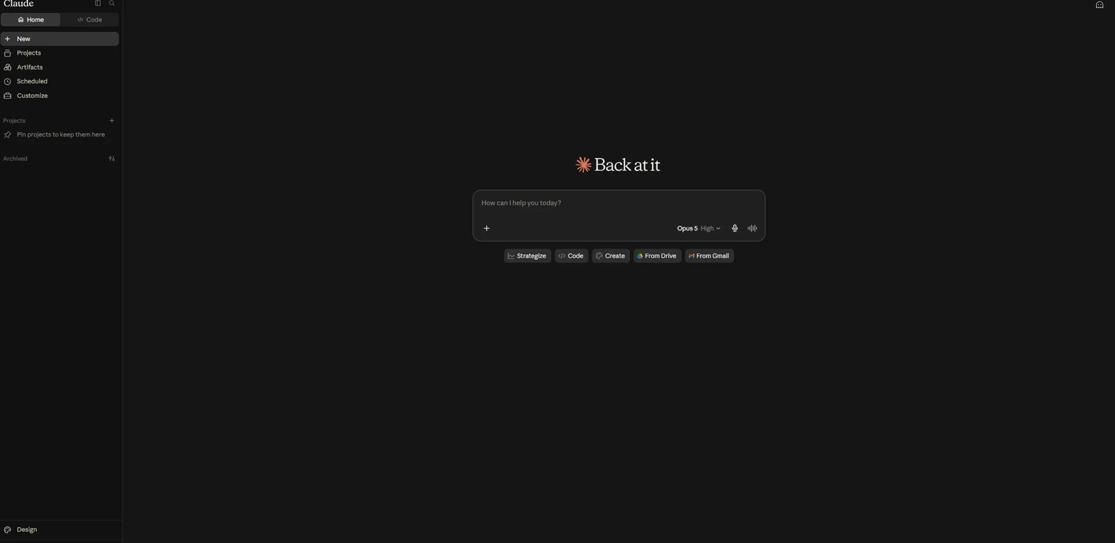 A tela de chat do Claude após fazer login: uma barra lateral à esquerda, uma caixa de mensagem grande no centro, um botão de anexar e o nome do modelo dentro dela.
