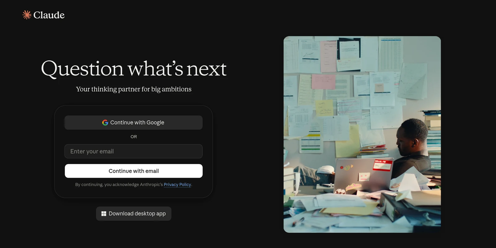 A tela de login do Claude: um botão Continuar com Google, um campo de e-mail e um botão Continuar com e-mail.