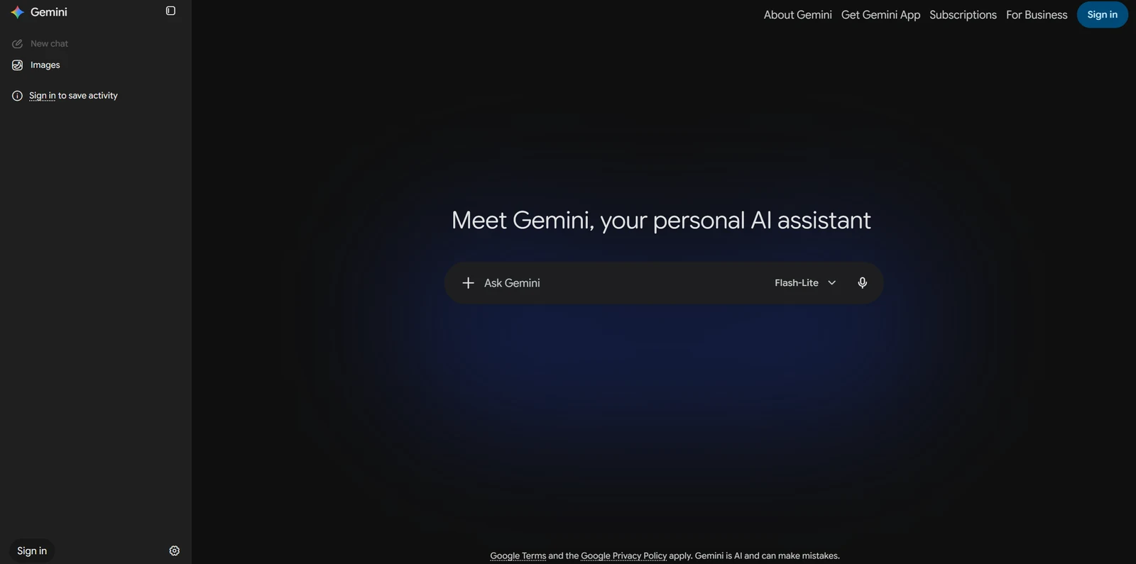 A tela do Gemini com um botão Fazer login no canto superior direito e uma nota que diz Faça login para salvar a atividade.